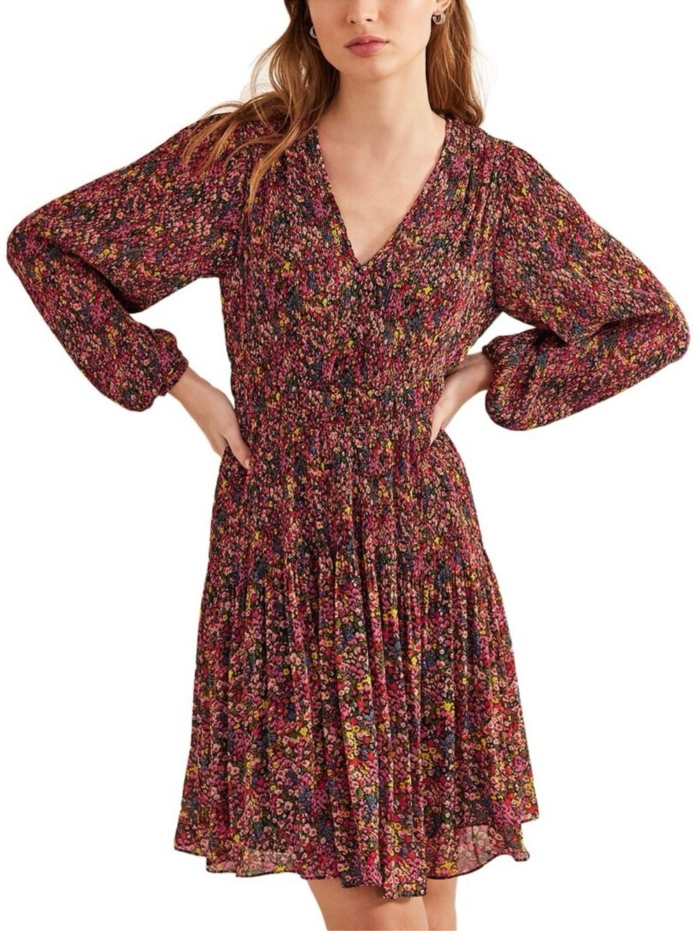 Boden Dress V-Neck Plisse Mini Long Sleeve Floral Multicolor Sz 2R NWT New